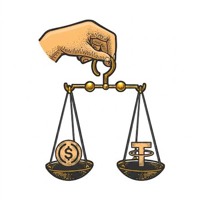 A hand adjusts a balance scale weighing a dollar coin against a Tether (USDT) token, symbolizing the balance between fiat and stablecoin value. This visual ties into the post's discussion about Avalanche's value accrual, illustrating the core question of how growth and economic value can be weighed and captured within the ecosystem.