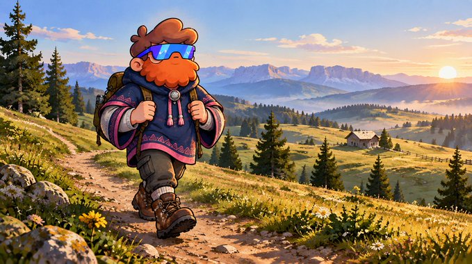 A digital illustration depicts a character with red hair, goggles, and a backpack hiking along a mountain trail at sunset.