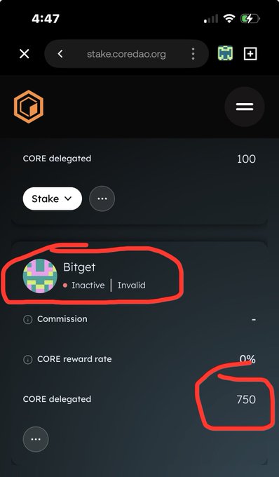 A mobile screenshot of stake.coredao.org showing a CORE delegation page with a red circle highlighting an inactive 'Bitget' validator, alongside 'CORE delegated' amounts of 100 and 750.
