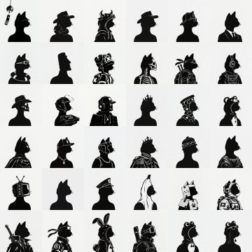 A grid of black silhouette icons featuring various anthropomorphic animal characters (cats, dogs, etc.) dressed in different outfits and accessories.