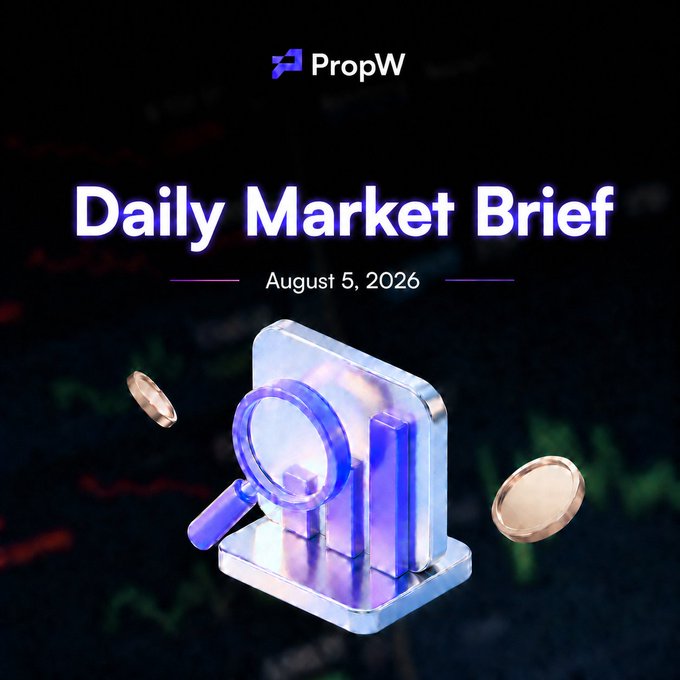 A graphic titled 'Daily Market Brief' dated 'August 5, 2026' features the 'PropW' logo and an illustration of a magnifying glass examining a block of ice, with floating coins against a dark chart background.