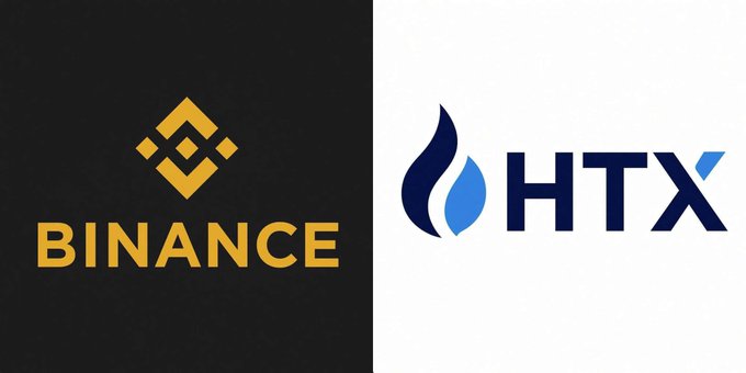A side-by-side comparison of two cryptocurrency exchange logos: the yellow Binance logo on a black background and the blue HTX logo on a white background.