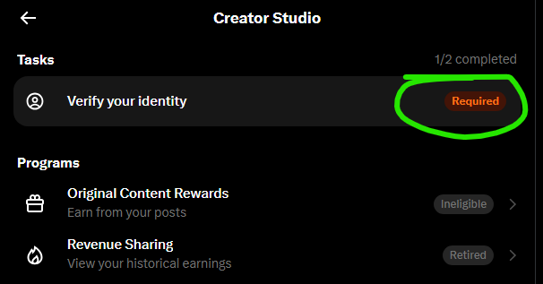 A screenshot of a 'Creator Studio' interface showing '1/2 completed' tasks, with a green hand-drawn circle highlighting a red 'Required' badge next to 'Verify your identity'.