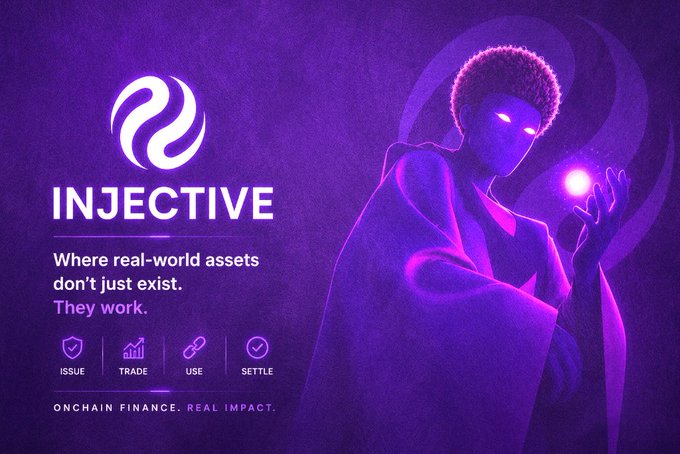 A purple promotional graphic for Injective blockchain, featuring a hooded figure with glowing eyes holding an orb, and the text 'INJECTIVE - Where real-world assets don't just exist. They work.' along with icons labeled 'ISSUE', 'TRADE', 'USE', 'SETTLE' and the tagline 'ONCHAIN FINANCE. REAL IMPACT.'