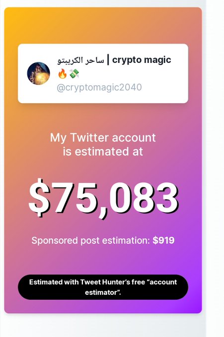 A Tweet Hunter 'account estimator' graphic for @cryptomagic2040 showing an estimated account value of $75,083 with a sponsored post estimation of $919.