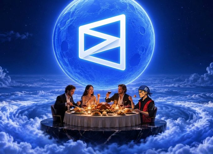 A surreal digital illustration of four people dining at a table floating above clouds, set against a large blue moon overlaid with a glowing geometric cryptocurrency-style logo.
