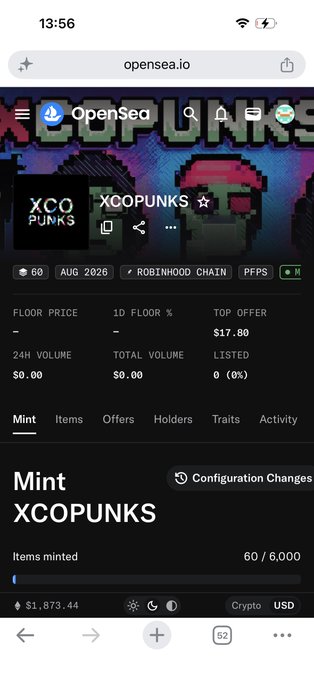 Screenshot of the OpenSea page for the XCOPUNKS NFT collection, showing 60 of 6,000 items minted with $1,873.44 in volume. The image illustrates the user's grievance about the mint process, where eligibility was dropped despite being in the GTD round, resulting in only 60 NFTs minted out of the planned 6,000.