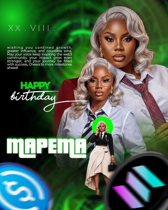 A birthday greeting graphic for "MAPEMA" featuring a woman with silver hair in three different poses, with the message "HAPPY birthday" and a wish for "continued growth, greater influence, and countless wins."