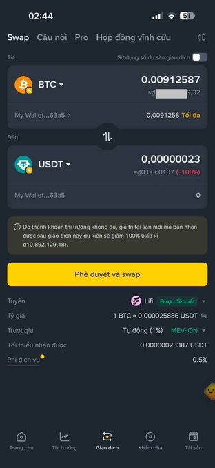 A Binance Web3 wallet swap screen showing the conversion of 0.00912587 BTC to just 0.00000023 USDT (a -100% loss), highlighting Pinky's unfortunate experience where she lost nearly all her Bitcoin value when attempting to swap it, despite the transaction fee showing only 0.5% deducted.