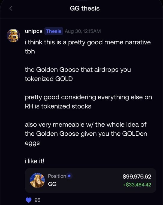 A social media post titled 'GG thesis' from user 'unipcs' dated Aug 30 discusses a meme narrative about a Golden Goose airdropping tokenized GOLD, alongside a position showing $99,976.62 and a +$33,484.42 gain.