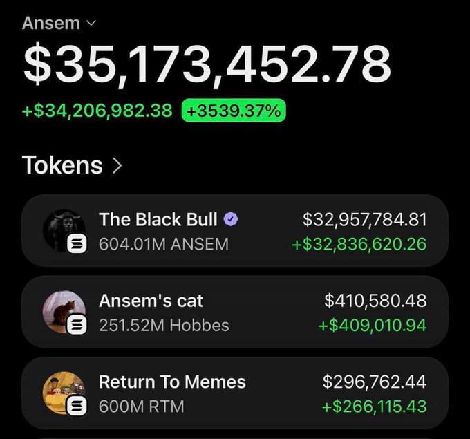 A wallet portfolio screenshot for "Ansem" showing a total balance of $35,173,452.78 with massive gains, including holdings like "The Black Bull," "Ansem's cat," and "Return To Memes."