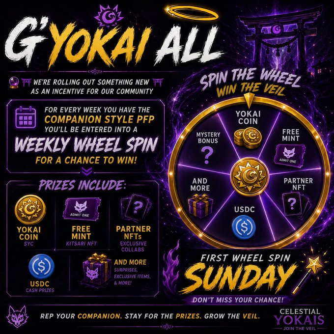 Promotional graphic for "G'YOKAI ALL" featuring a Weekly Wheel Spin campaign from Celestial Yokais, offering prizes like $YOKAI COIN, free mints, partner NFTs, and USDC, with the first spin starting Sunday. The vibrant wheel-of-fortune design reinforces the post's theme of an ecosystem being actively built and rewarded, inviting the community to participate as it grows from the ground up.