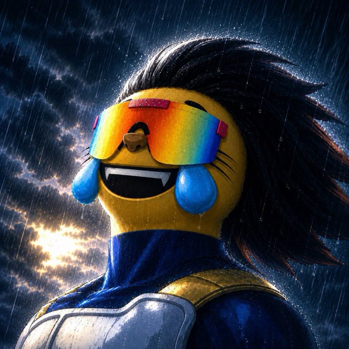 A stylized illustration depicts a yellow cat emoji head with a mohawk, rainbow visor, and blue tear drops wearing a blue and silver armored suit in the rain.