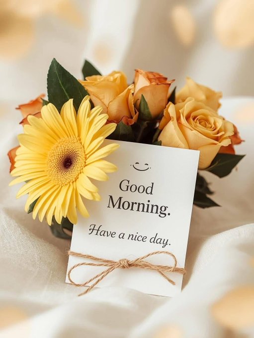 A 'Good Morning - Have a nice day' greeting card with a smiley face decoration, tied with twine, placed next to a yellow gerbera daisy and orange roses on a soft white background.