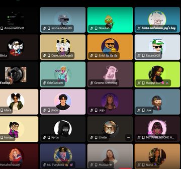 A screenshot of a video conferencing grid, displaying numerous participants using cartoon avatars, including ones labeled "Baymax, finn the human, angeldevilx, Daexan, Birds and mum-jay's keg, Dean_DMighty, Evii do be do, DAANNNYY, GoGoCupid, Gonew wifey?, Happyhour, Janik, Jiwp, Jose, Kiriyu, Kyrus, L Nehar, METHERENEDANCE A..., MetaFireGods97, MJ Vandermark, Mr.afrohair V2, and Nana".