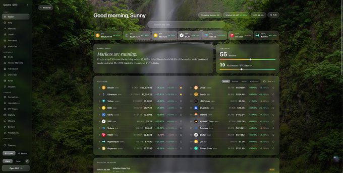 A cryptocurrency dashboard interface showing market data with the greeting 'Good morning, Sunny' at the top, displaying a market sentiment index of 55 and featuring top coins like Bitcoin, Ethereum, Tether, and others in a watchlist.