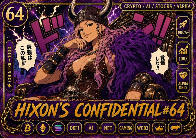A promotional banner for "Hixon's Confidential #64" featuring an anime-style warrior queen with pink hair and a horned helmet, surrounded by Japanese text and marketing tags like "CRYPTO/AI/STOCKS/ALPHA," "1000%," and "ALPHA ONLY," with category icons at the bottom including Bitcoin, DeFi, AI, NFT, and Gaming. The bold imagery and taglines reinforce the post's theme of an exclusive, high-stakes crypto and AI market analysis drop, where $NEET is highlighted as the top pick alongside a detailed Bitcoin roadmap.