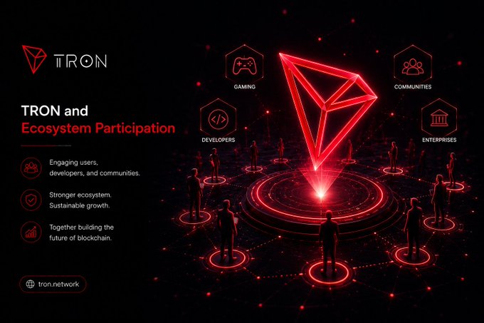 A promotional graphic for TRON blockchain featuring a red glowing TRON logo in the center, surrounded by silhouettes of people connected in a network. Text reads 'TRON and Ecosystem Participation' with categories like Gaming, Communities, Developers, and Enterprises, plus the URL 'tron.network'.