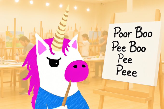 A cartoon unicorn wearing a blue apron stands next to an easel displaying the text 'Poor Boo Pee Boo Pee Peee' in a painting studio setting.
