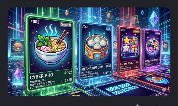 A digital artwork showing NFT collectible cards themed around cyberpunk food, featuring 'CYBER PHO' (#002, Common) and 'MECHA DIM SUM' (#068, Rare) among others on an Ethereum-themed background.
