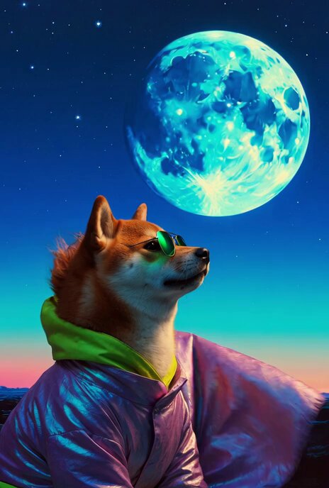 The image features a dog wearing sunglasses, a purple jacket, and a green hoodie with its head tilted back as if looking up at the moon. The background of the photo shows a full moon against a dark blue sky, creating an interesting contrast between light and shadow. The caption "Dogecoin to the mooooooooooooooooooon" is written in white text above the image.