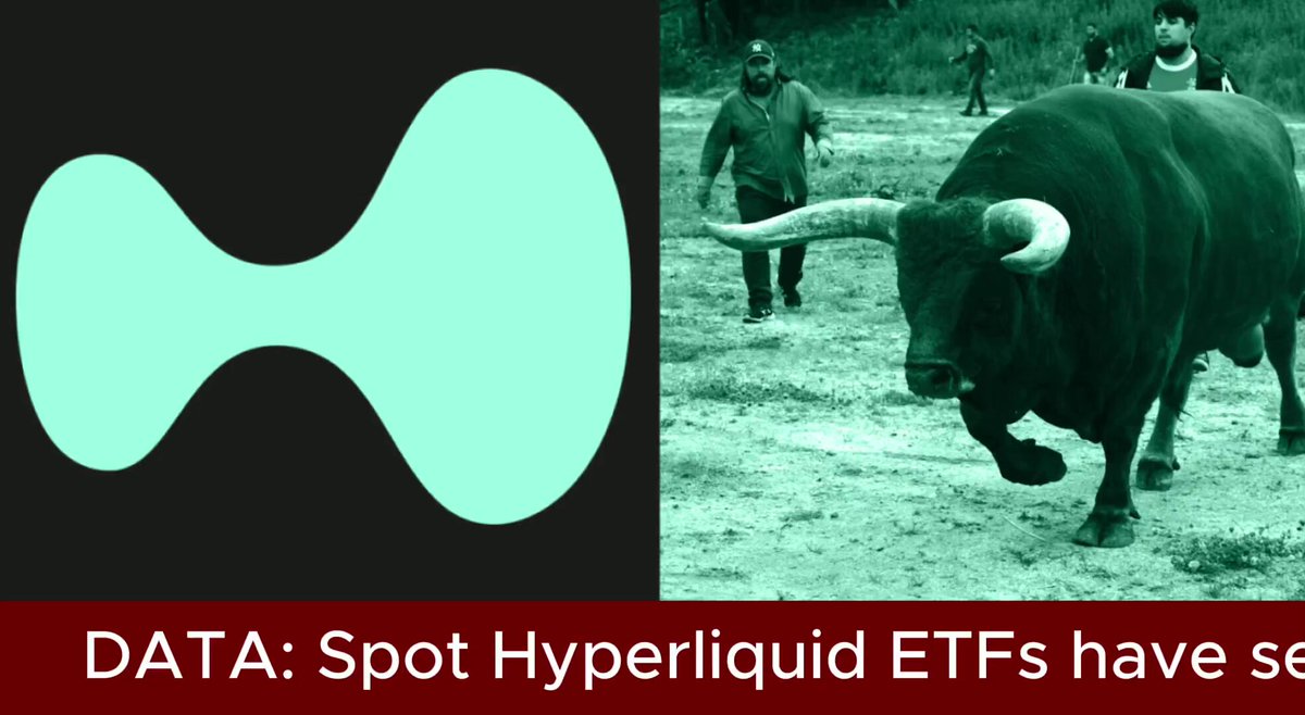 The image features a black bull with horns standing next to a green logo, which says "Data: Spot Hyper Liquid ETSfs have se." The bull appears to be walking across a field or dirt area. In the background of the image, there are two people who seem to be observing the bull and the surrounding environment.