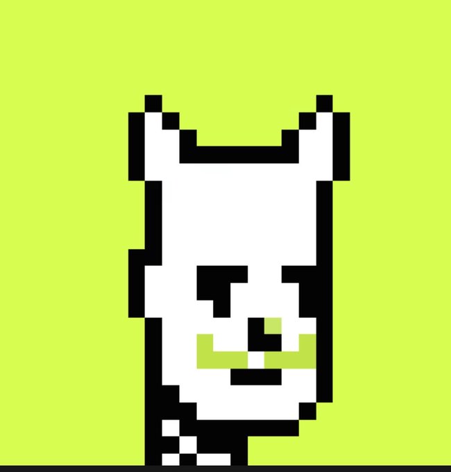 A pixelated white cat-like character with a chart pattern on its face stands against a bright green background, visually representing the user's "Broker" NFT that delivers tokenized stock airdrops on the RobinHood chain.