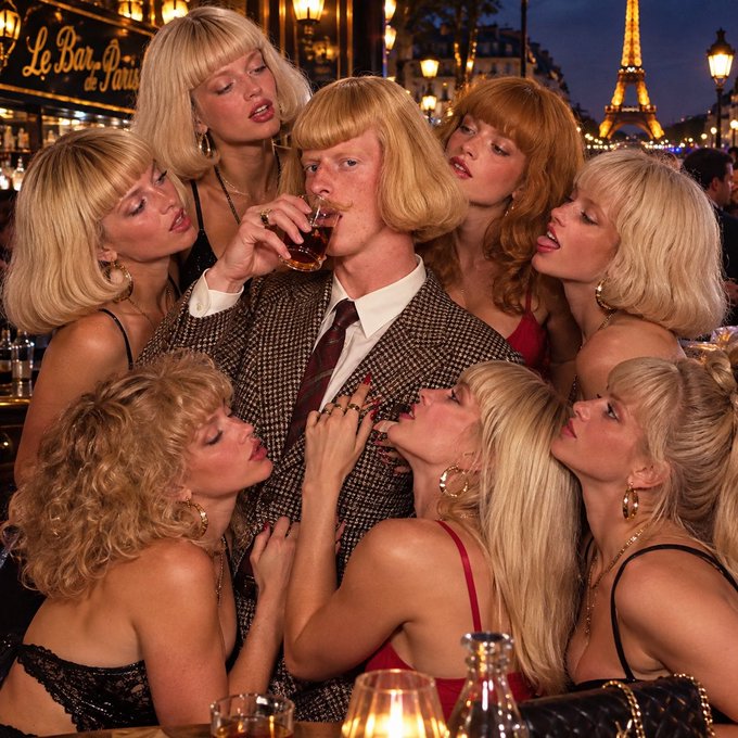 A blonde man with a mustache in a tweed jacket drinks from a glass while surrounded by six blonde women at Le Bar Paris, with the Eiffel Tower illuminated in the background.