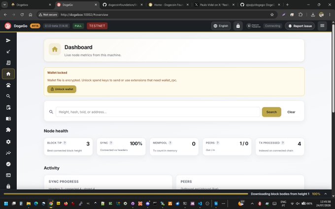 A screenshot of the DogeGo Dogecoin full node dashboard on Testnet shows a synced node with 53.0 Gs of storage, block tip height 3, 100% sync, 0 mempool entries, and 4 transactions processed, supporting the post's claim of running a "Much Faster Full Dogecoin Node."