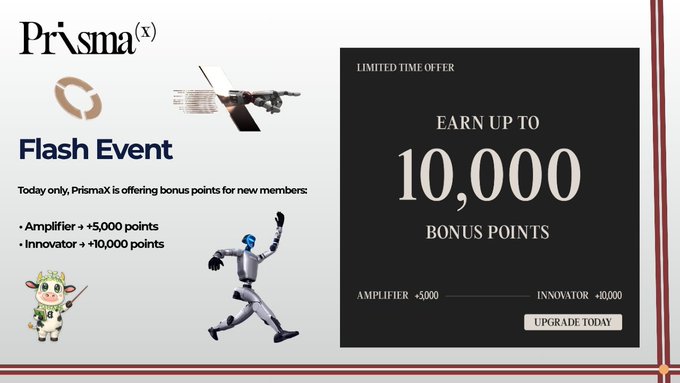 The image features a poster advertising a Flash event for Prisma. The poster includes an illustration of a robot with arms and legs, as well as a cartoon cow character. The text on the poster highlights that the event offers a limited time offer, where participants can earn up to 10,000 points by participating in the event. It also mentions that the event is exclusively for Prisma users.