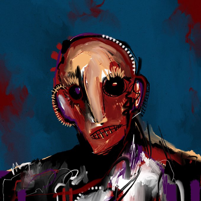 The painting shown is an abstract representation of a figure, which takes on characteristics that could be associated with steampunk or robotic themes, indicated by the mechanical and cog-like features on the head. The caption "Blue in my work!" suggests that the artist wanted to emphasize the use of the color blue in their artistic creation. In this piece, the blue background plays a crucial role in contrast and composition, providing a stark backdrop that emphasizes the vivid, warm colors used in the figure's depiction. The interplay of the blue background with the reds, yellows, and purples of the figure's visage creates a dynamic visual tension and draws the viewer's focus to the central character of the piece.