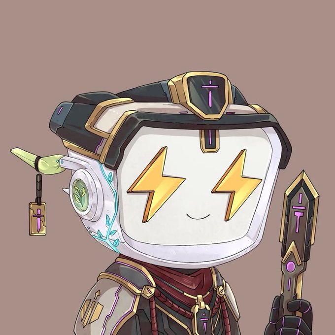 A digital illustration of a chibi-style robot character with a screen face displaying yellow lightning bolt eyes and a small smile, holding a purple-accented weapon.