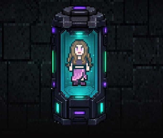 Pixel art depicting a female character with long brown hair in a pink dress floating inside a futuristic cyan-lit cryogenic or stasis pod against a dark tiled background.