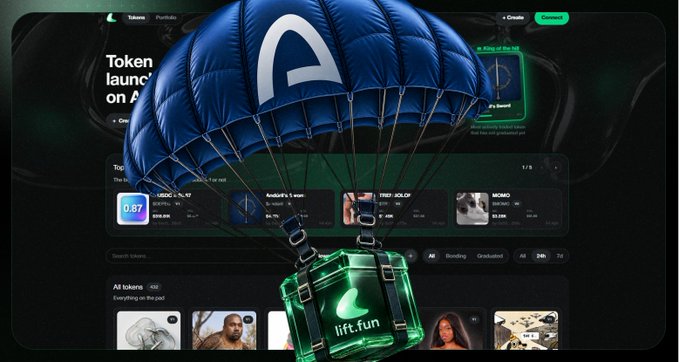 A dark-themed website interface for 'lift.fun' showing a token launch platform, overlaid with a 3D illustration of a blue parachute carrying a green chest labeled 'lift.fun'.