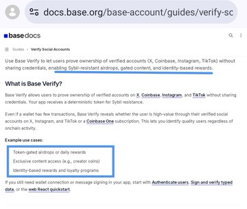 The image features a screenshot of an email message sent from a mobile device, possibly a computer or tablet screen. It displays an email address and a text document with information about verifying accounts for social and cryptocurrency services like BaseVerify. The main content focuses on a new feature called "Base Verify" that allows users to verify the ownership of certain social and cryptocurrency accounts in exchange for daily rewards.