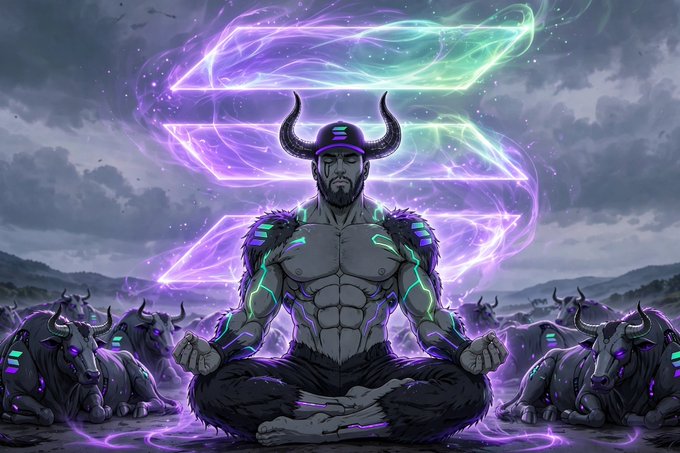 Digital artwork depicting a horned warrior with glowing green accents meditating in lotus position, surrounded by armored bulls under a purple and green energy display against a stormy sky.