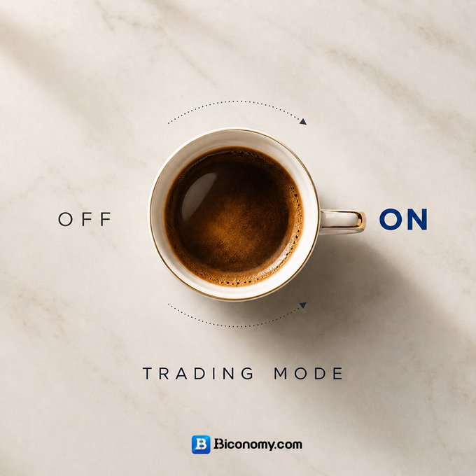 A cup of black coffee on a marble surface with dotted arrows pointing between "OFF" and "ON" labels, accompanied by the text "TRADING MODE" and the "B Biconomy.com" logo—visually reinforcing the post's message of switching into focused trading mode.