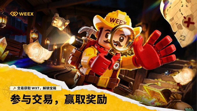 A promotional banner for WEEX features a cartoon miner mascot in a yellow hard hat and red gloves holding a magnifying glass and lantern, surrounded by treasure and map fragments, with Chinese text reading "交易获取 WXT，解锁宝箱" and "参与交易，赢取奖励" promoting trading to earn rewards and unlock treasure chests, visually reinforcing the message about trade-related benefits and incentives beyond just directional accuracy and position sizing.