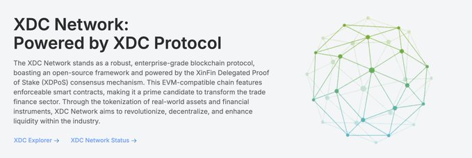 An informational page titled 'XDC Network: Powered by XDC Protocol' describing it as an enterprise-grade blockchain built on the XinFin Delegated Proof of Stake consensus mechanism.