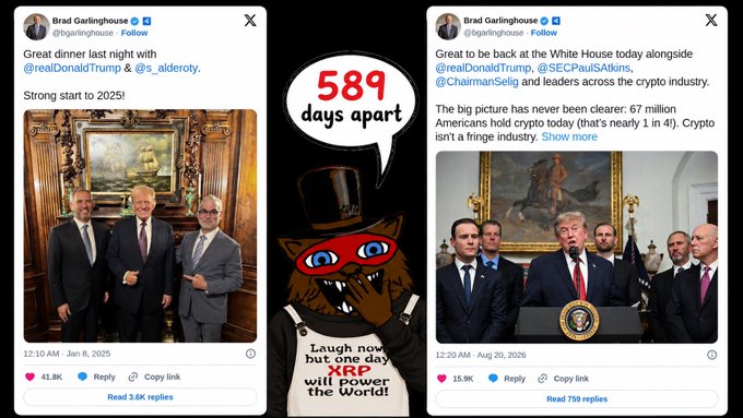 The image shows two tweets from Brad Garlinghouse (@bgarlinghouse) dated January 8, 2025 (dinner with @realDonaldTrump & @s_alderey) and August 20, 2026 (White House meeting with @SECPaulSAtkins, @ChairmanGensler, and crypto leaders), separated by a central graphic displaying "589 days apart" alongside an XRP mascot in a top hat. The juxtaposition highlights the 589-day gap between Garlinghouse's encounters with Trump, drawing a deliberate parallel to the $589 price target long associated with the XRP community.