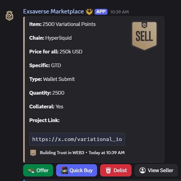 An 'Exsaverse Marketplace' listing selling 2500 Variational Points on the Hyperliquid chain for 250k USD via Wallet Submit.