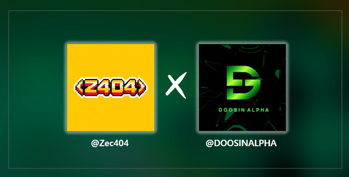 A simple graphic announcing a collaboration between two brands, showing a yellow pixel-art logo '@Zec404' with '<2404>' and a green shattered glass logo '@DOOSINALPHA', separated by an 'X'.