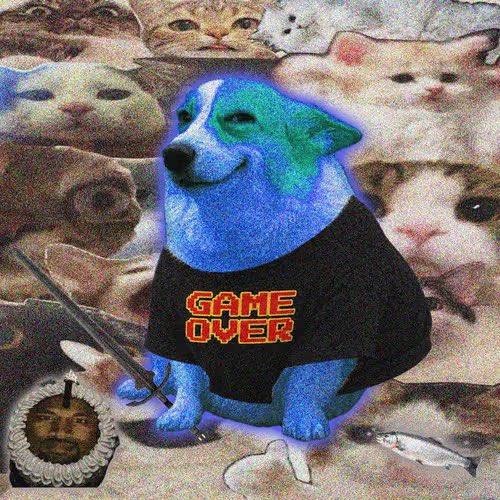 A meme-style image featuring a blue-tinted doge wearing a black 'GAME OVER' t-shirt amid a collage of cat faces, with a fish and knife in the foreground and a small character icon in the corner.