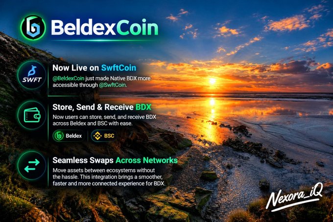 A promotional graphic for BeldexCoin announces its launch on SwftCoin, highlighting features like storing, sending, and receiving BDX, and seamless swaps across networks like Beldex and BSC, set against a sunset beach background.