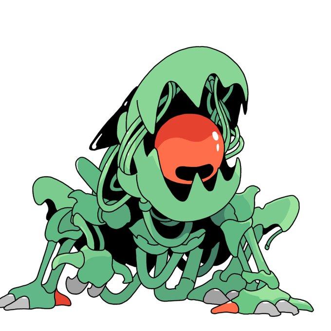 A cartoon-style illustration of a green plant-like creature with vines, claw-tipped appendages, and a red center on a white background.