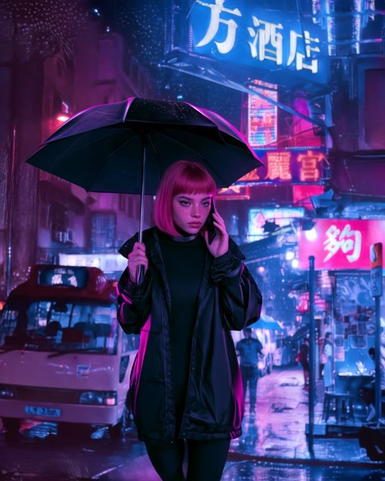 A young woman with pink hair holding a black umbrella and talking on a phone, standing on a neon-lit street with Chinese characters on signs and a double-decker bus in the background.