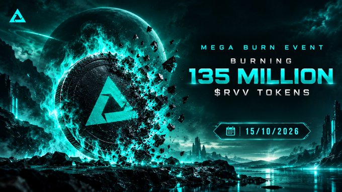 A dramatic promotional graphic for the $RVV "Mega Burn" event features a flaming triangular token breaking apart against a teal cosmic backdrop, announcing the destruction of 135 million $RVV tokens scheduled for 15/10/2026. The fiery disintegration visualizes the permanent supply reduction described in the post, emphasizing the irreversible nature of the on-chain burn.
