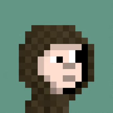 A pixel art illustration of a person's face with brown hair against a teal background.