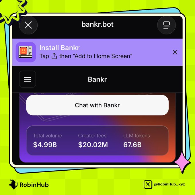 A screenshot of the bankr.bot interface displays impressive metrics: $4.99B total trading volume, $20.02M in creator fees, and 67.6B LLM tokens, with a prompt to install Bankr and a "Chat with Bankr" button. The image visually supports the post's claim about bankr.bot nearing the $5B volume milestone.