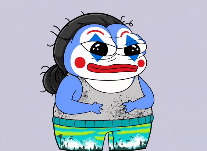 A sad-looking Pepe-style character with clown makeup and disheveled hair stands alone in tropical-pattern shorts, appearing isolated and uncomfortable. The image humorously depicts the feeling of being left out when others are enthusiastically discussing "world on solana," capturing the awkward silence of the only one not participating in the conversation.